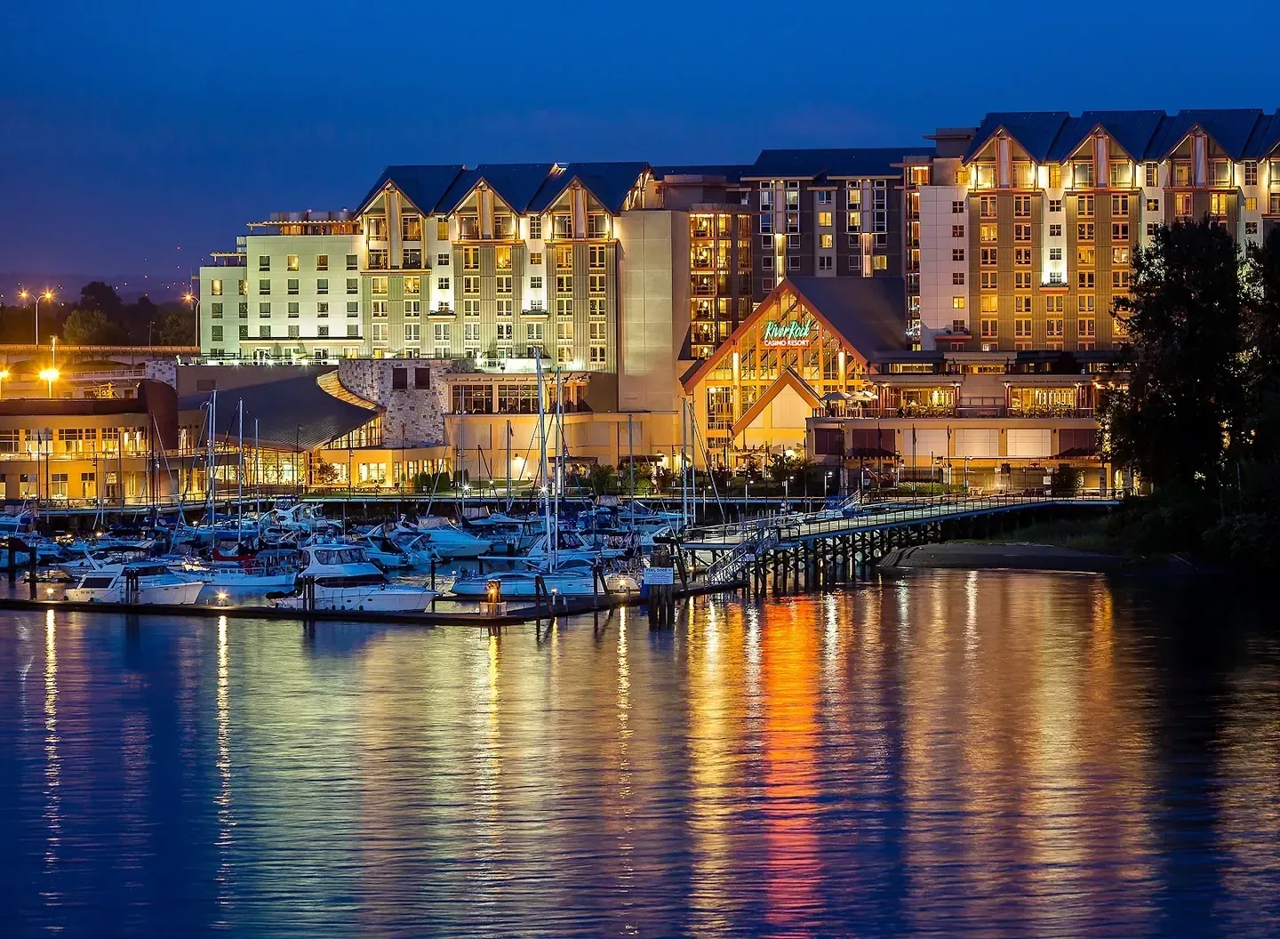 River Rock Casino Resort beside its marina at dusk, Richmond
