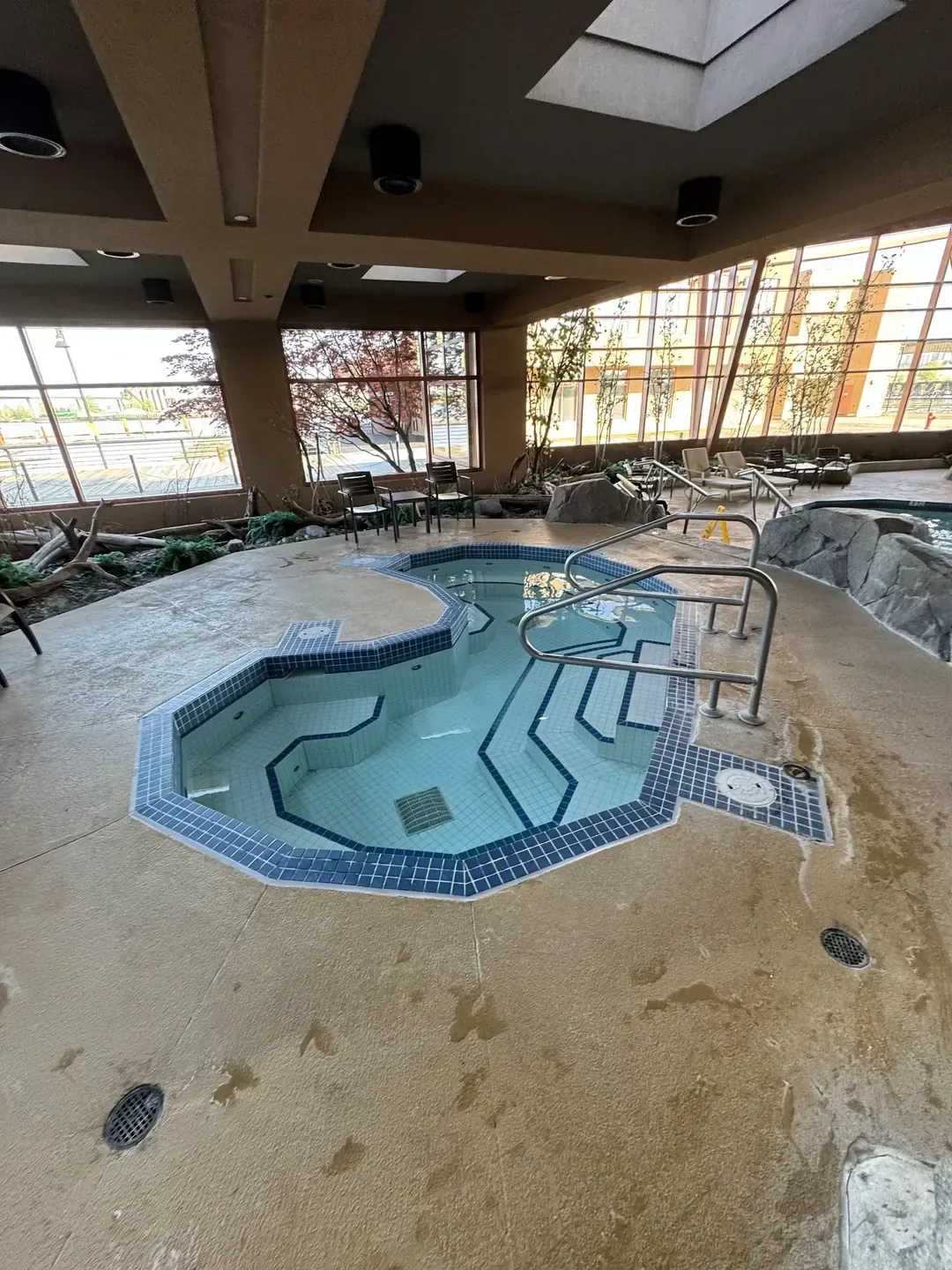 Indoor pool area under a coffered ceiling at River Rock Casino Resort, Richmond